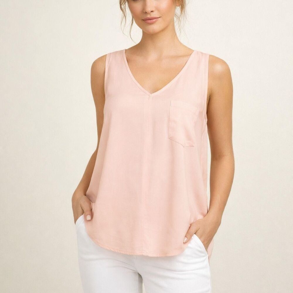 Active USA Lightweight V-Neck Tank Top Blouse with Pocket, Soft Pink, Size L
